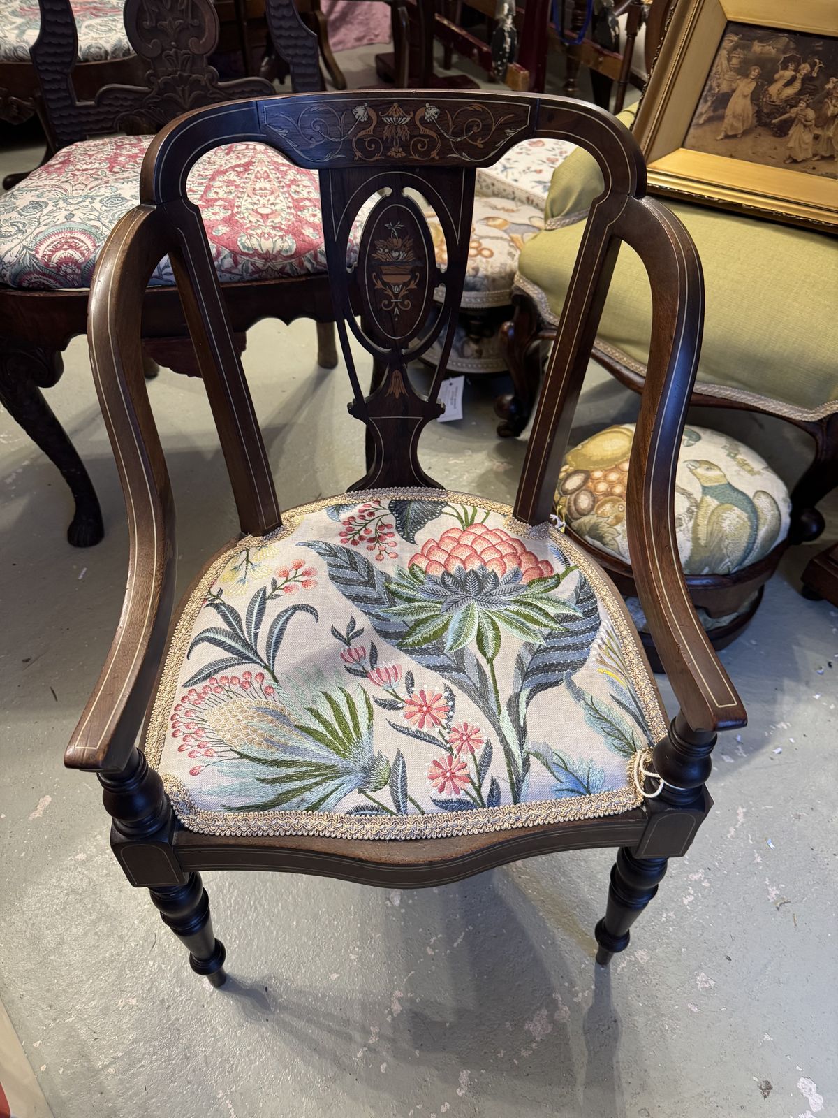 Antique Edwardian Inlaid Side Chair With Designer Fabric photo furniture