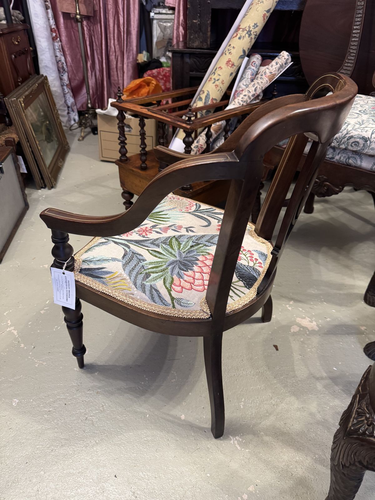 Antique Edwardian Inlaid Side Chair With Designer Fabric photo for sale