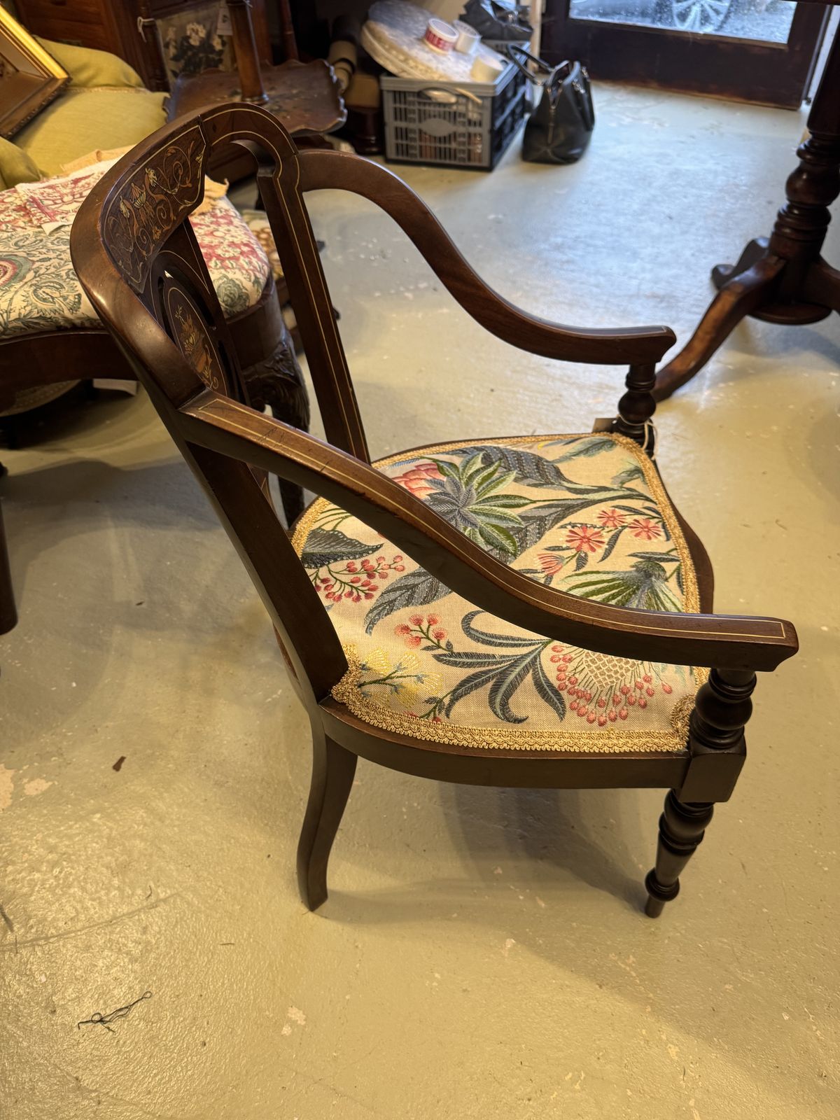 Antique Edwardian Inlaid Side Chair With Designer Fabric photo Furniture
