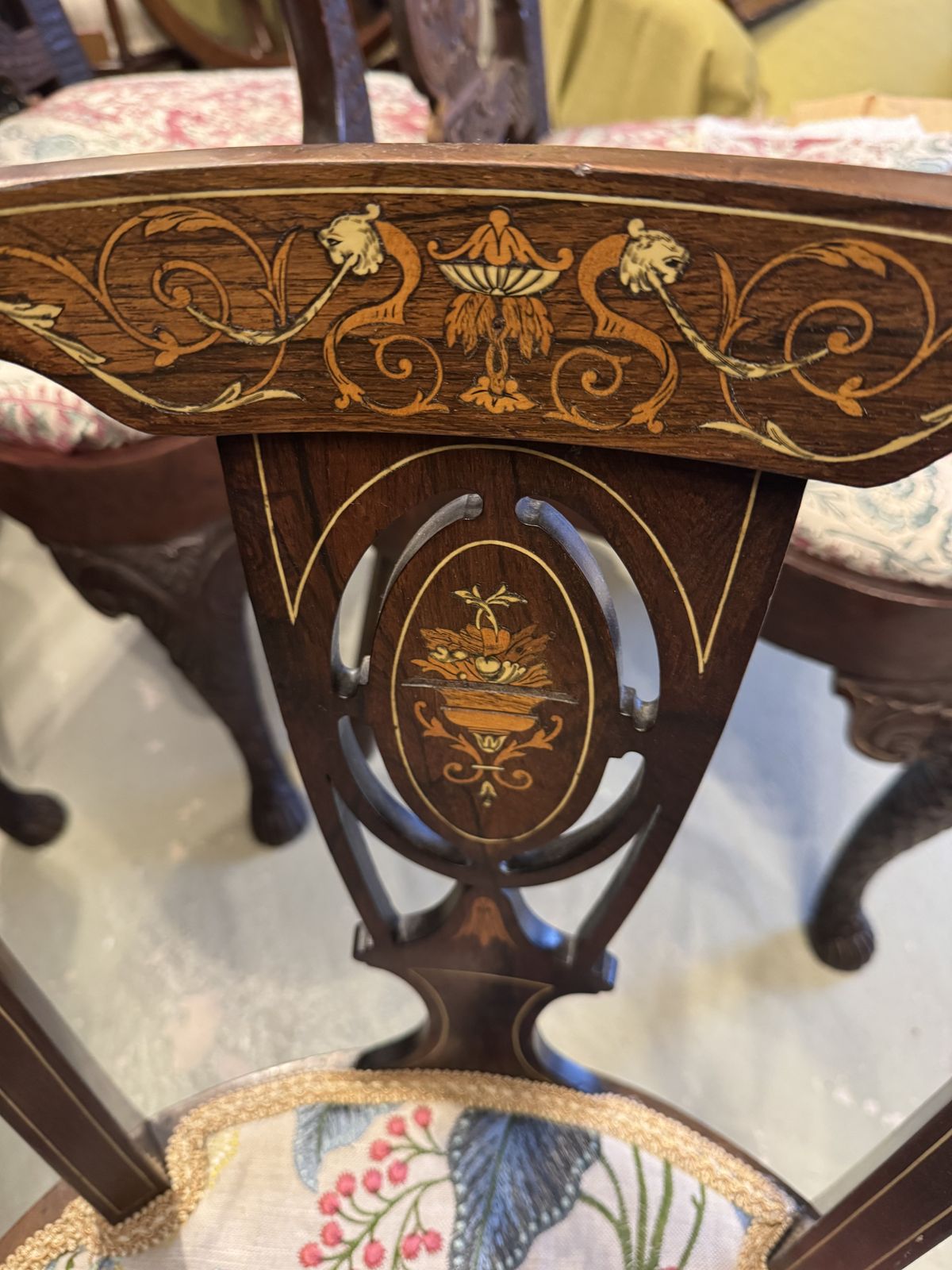 Antique Edwardian Inlaid Side Chair With Designer Fabric photo 125.0