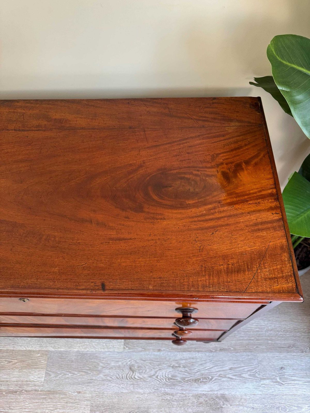 Antique Georgian Flame Mahogany Solid Wood Chest Of Drawers 3 Drawer Dresser photo vintage