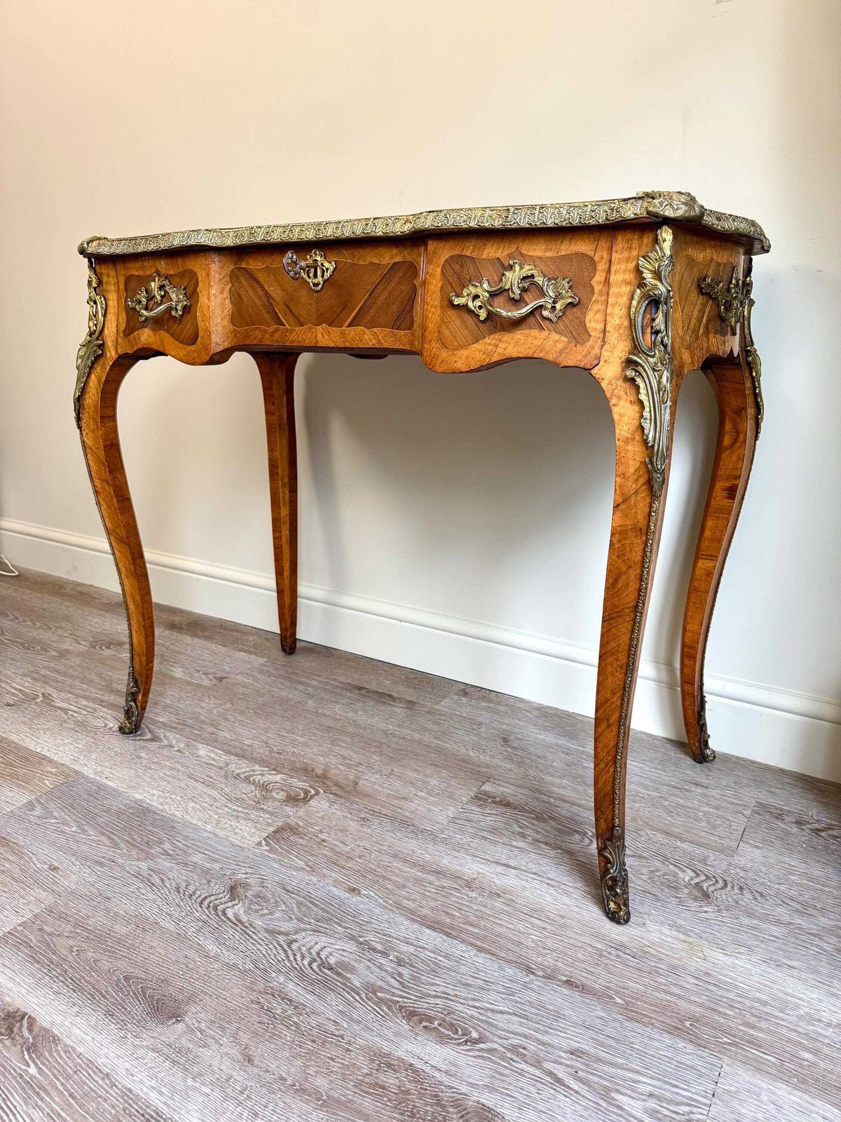 Antique French Louis XV Style Burl Walnut Hallway Console Table Gilt photo furniture