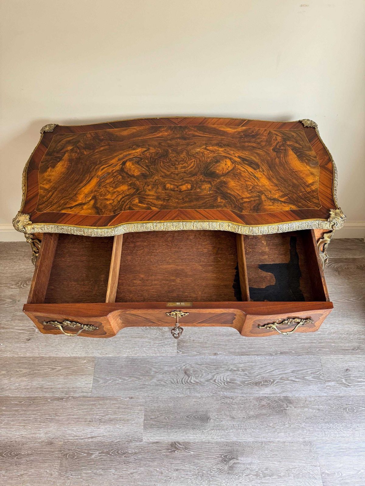 Antique French Louis XV Style Burl Walnut Hallway Console Table Gilt photo for sale