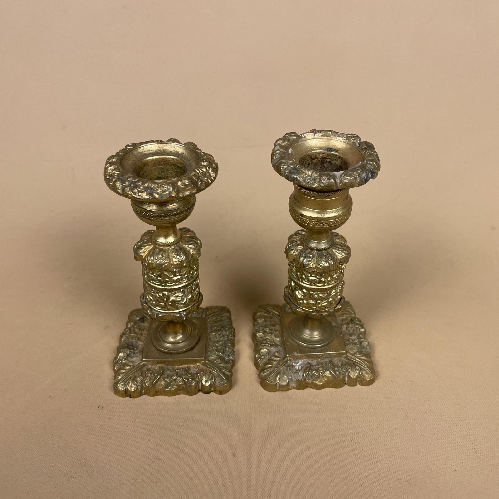 Antique Matching Pair Of Gold Brass Metal Candlestick Candle Stick Holder Vintage Column Taper Dinner Candlesticks Square Base Column Ornate photo furniture