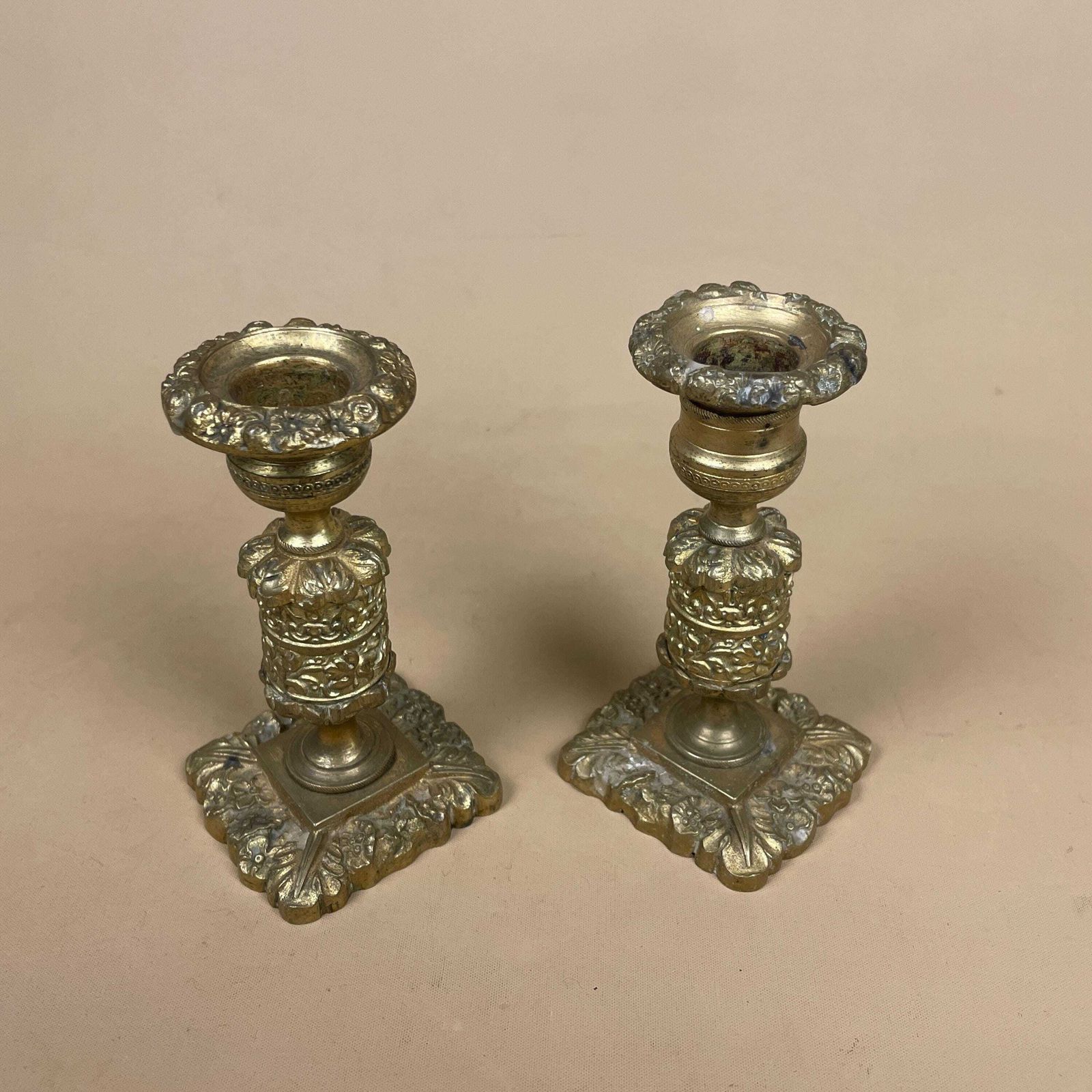 Antique Matching Pair Of Gold Brass Metal Candlestick Candle Stick Holder Vintage Column Taper Dinner Candlesticks Square Base Column Ornate photo for sale