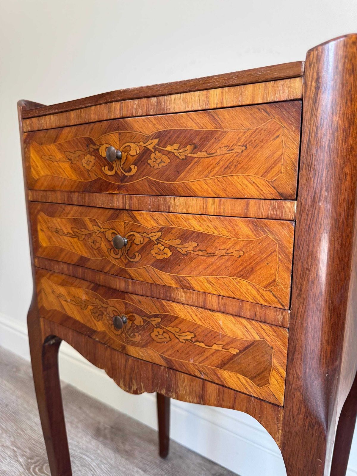 French Antique Bedside Tables Louis XV Style Marquetry Nightstands Vintage photo for sale
