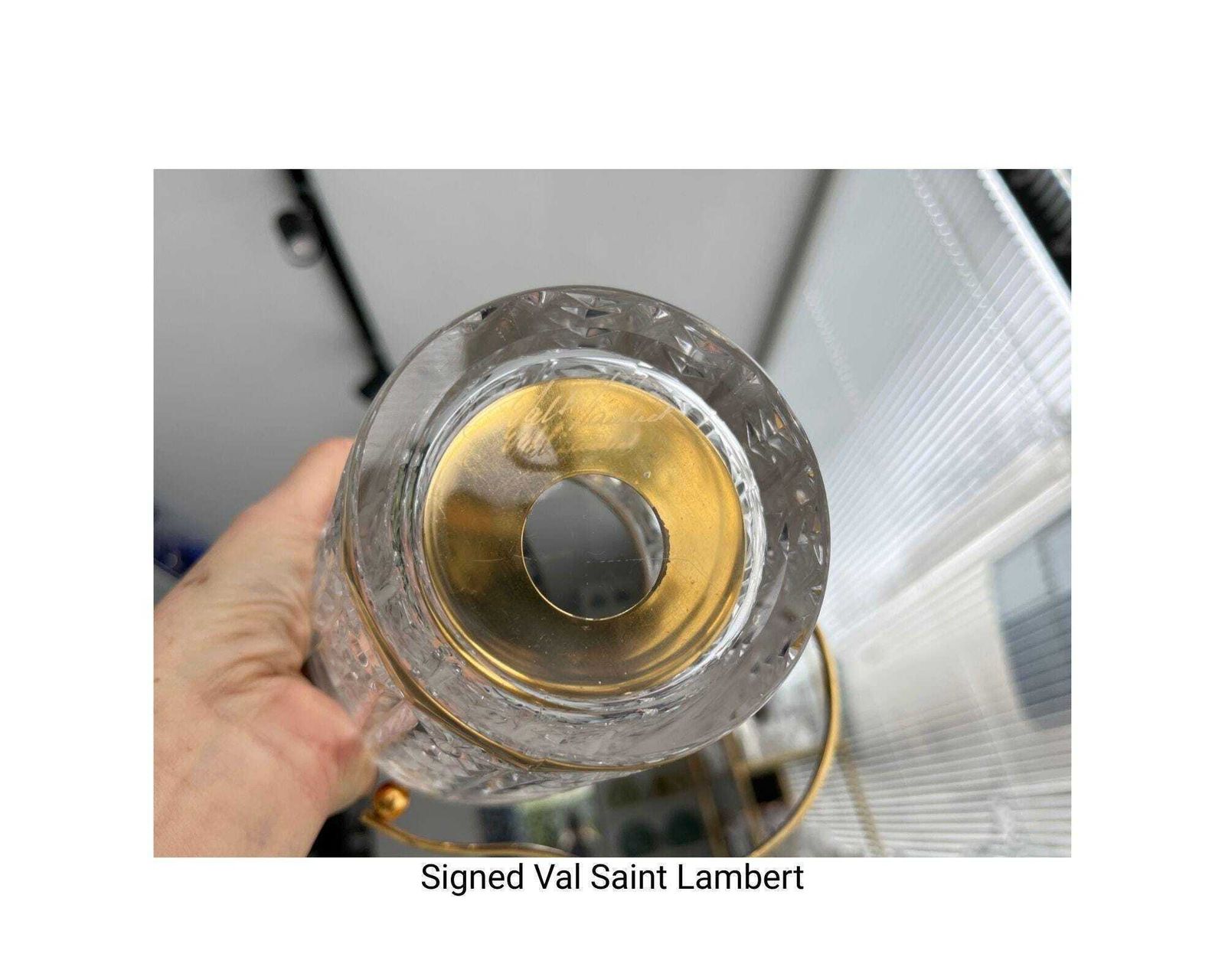 Val Saint Lambert Ijsemmer | Messing & Geslepen Kristal | Gesigneerd Belgisch Barware photo vinterior
