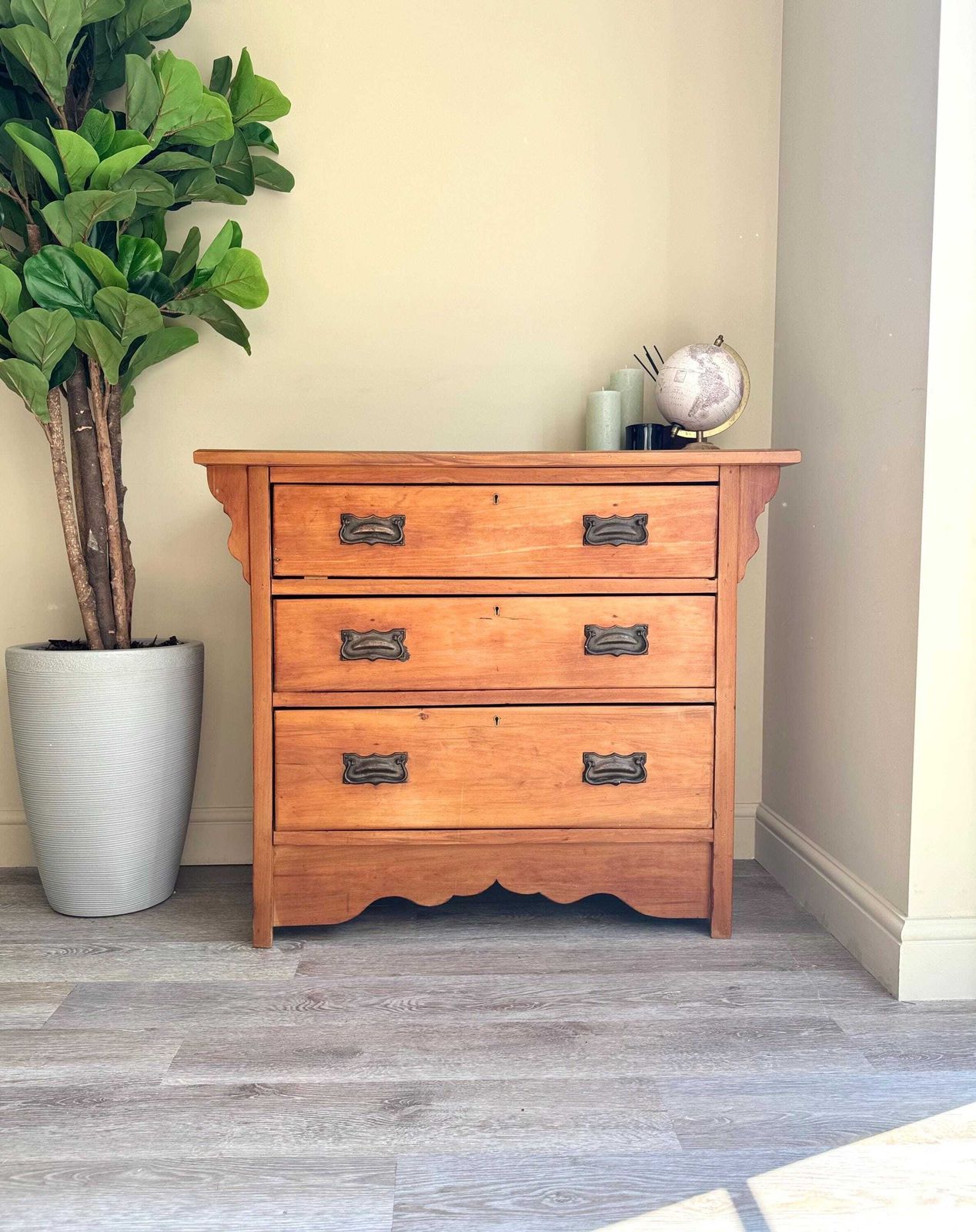 Vintage Solid Wood Chest Of Drawers With Black Metal Handles 3 Dovetail Drawers