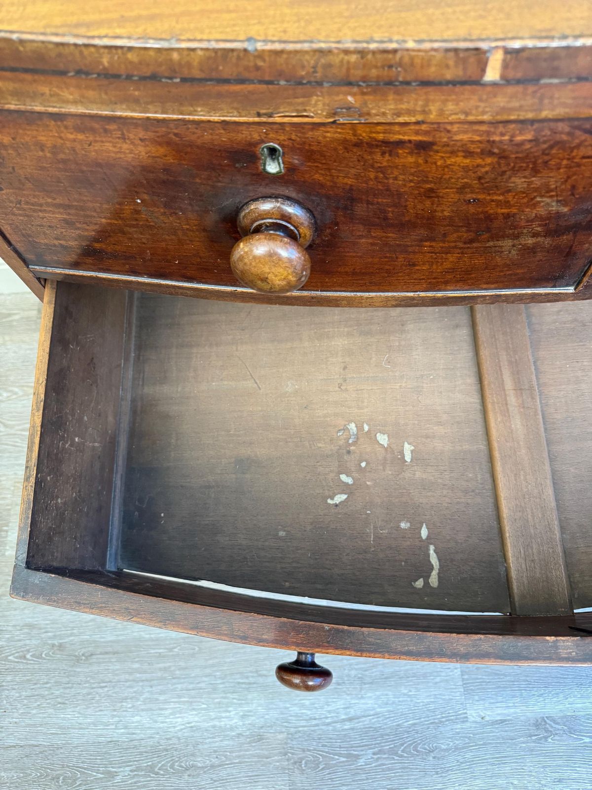 Antique Bow Fronted Small Solid Wooden Chest Of Drawers With Dovetail Ends Dark Wood photo vintage