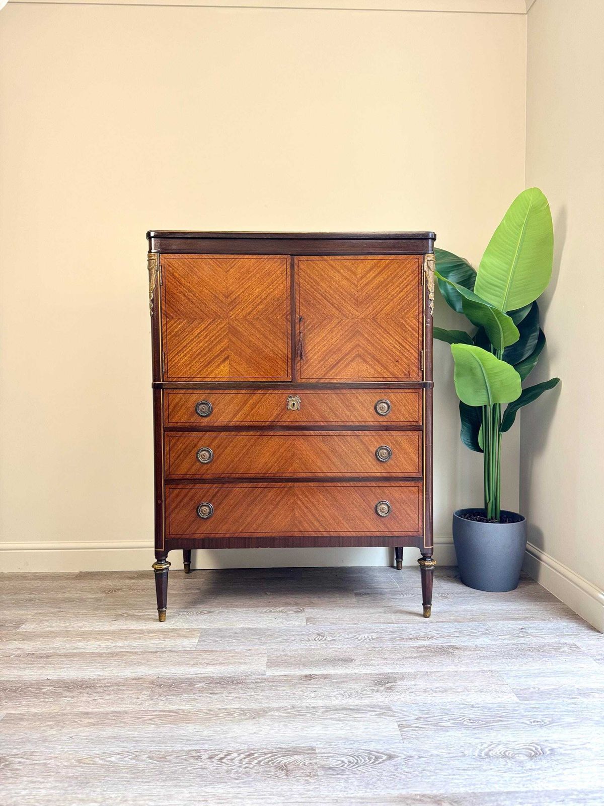 Edwardian Vintage Wooden Linen Press Cabinet With Key