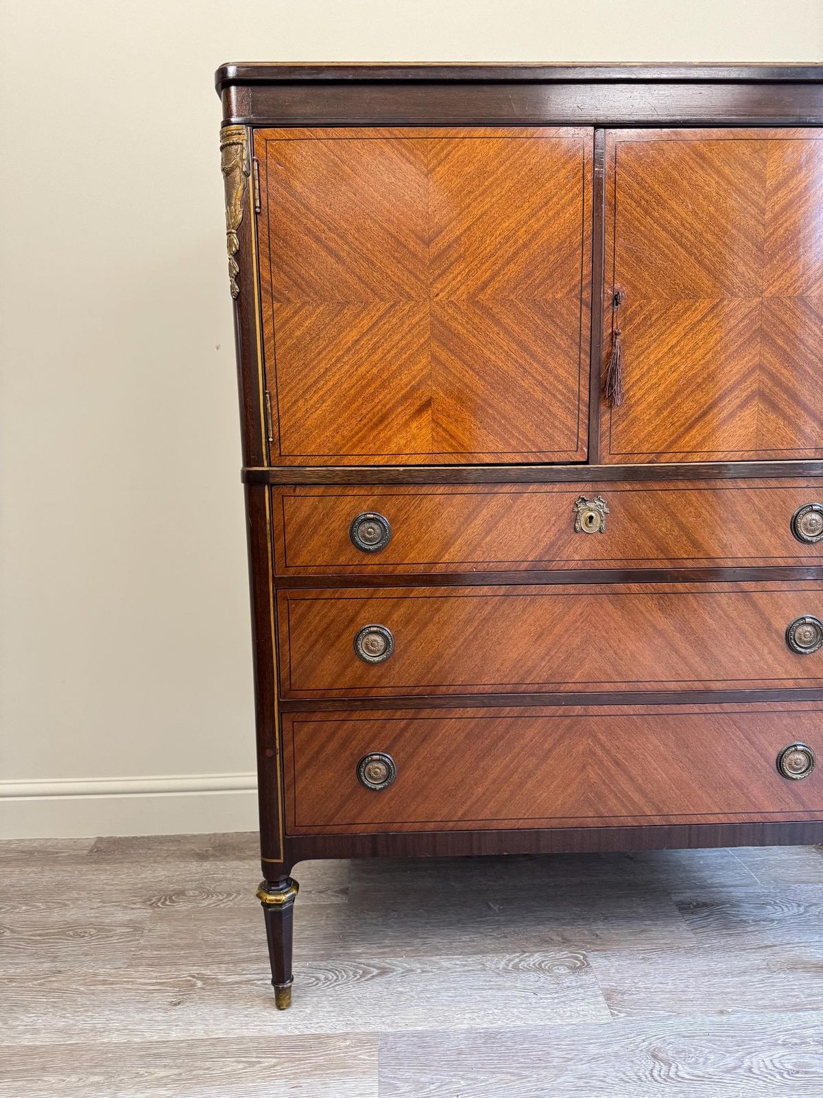 Edwardian Vintage Wooden Linen Press Cabinet With Key photo Furniture