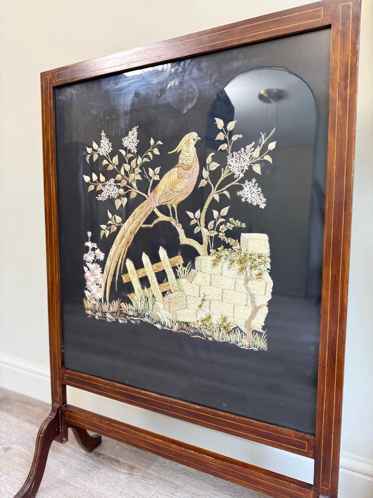 Vintage Pheasant Embroidered Large Fire Guard Screen Living Room Colourful photo 250.0