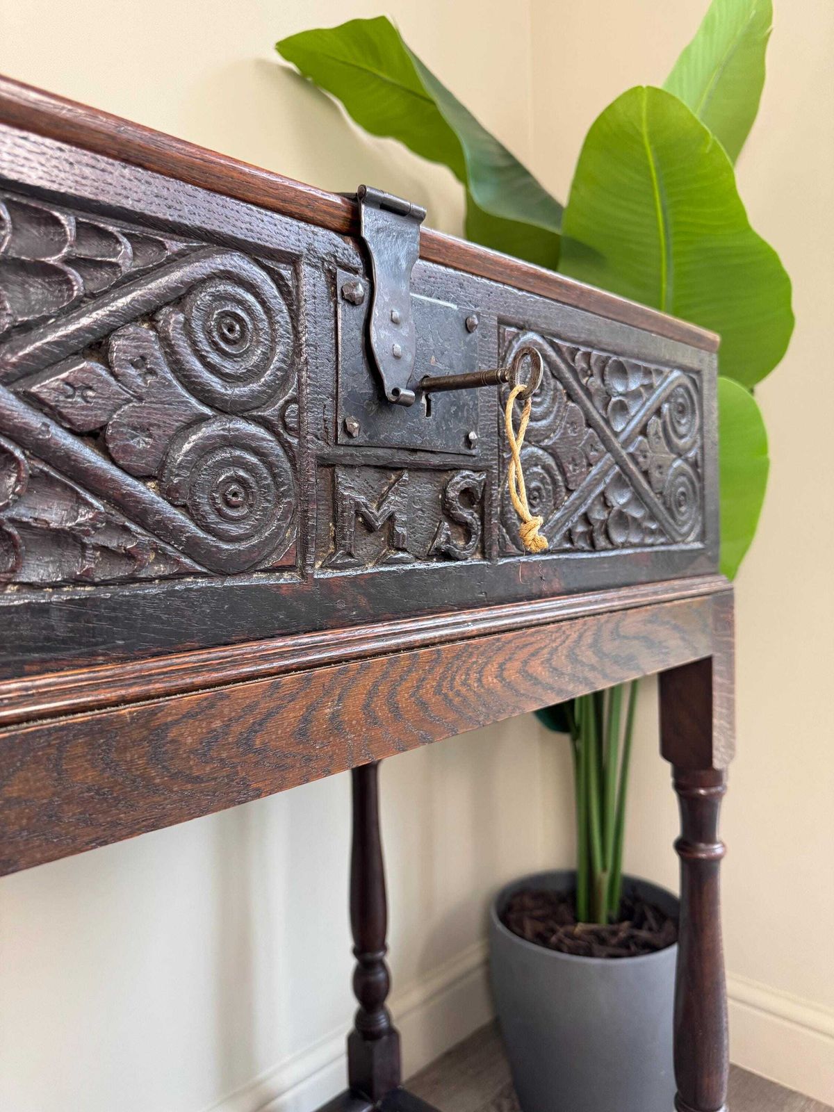 photo for sale Antique Carved Oak Bible Box On Stand – Circa Early 18th Century Storage Chest