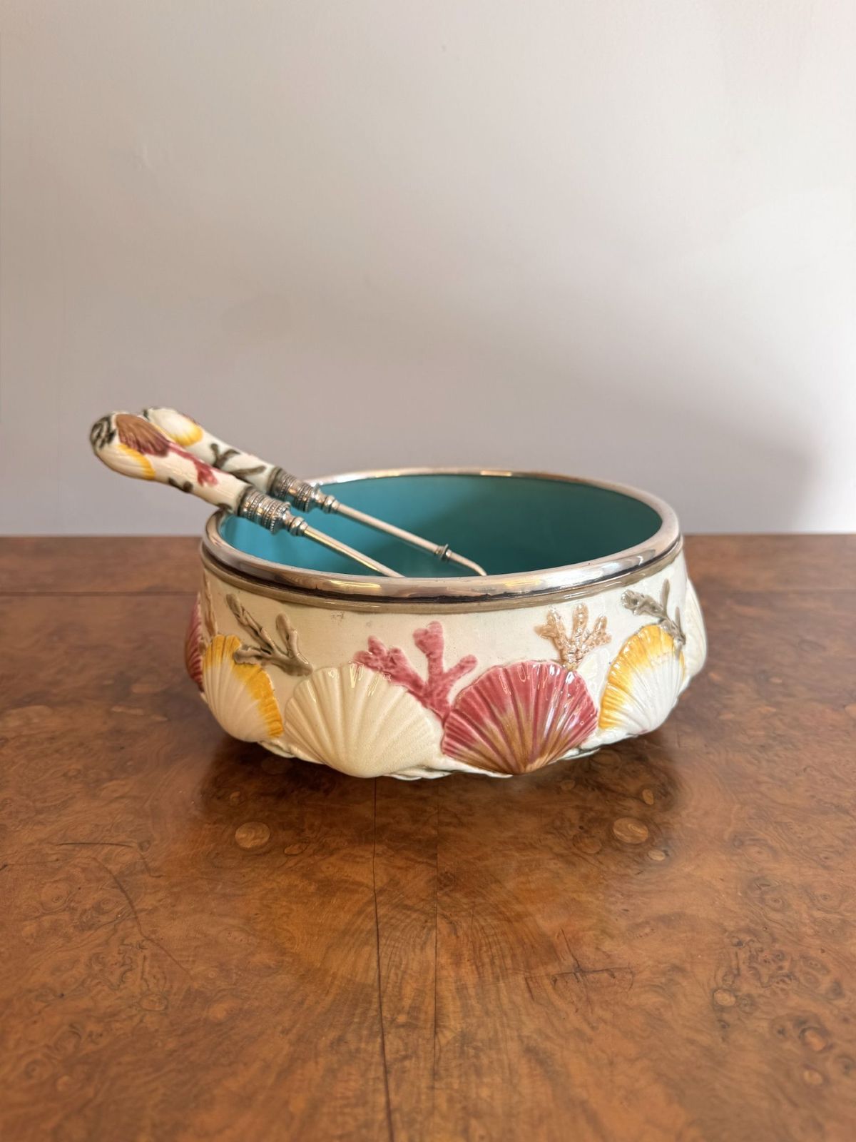Quality Antique Majolica Salad Bowl And Servers photo 795.0