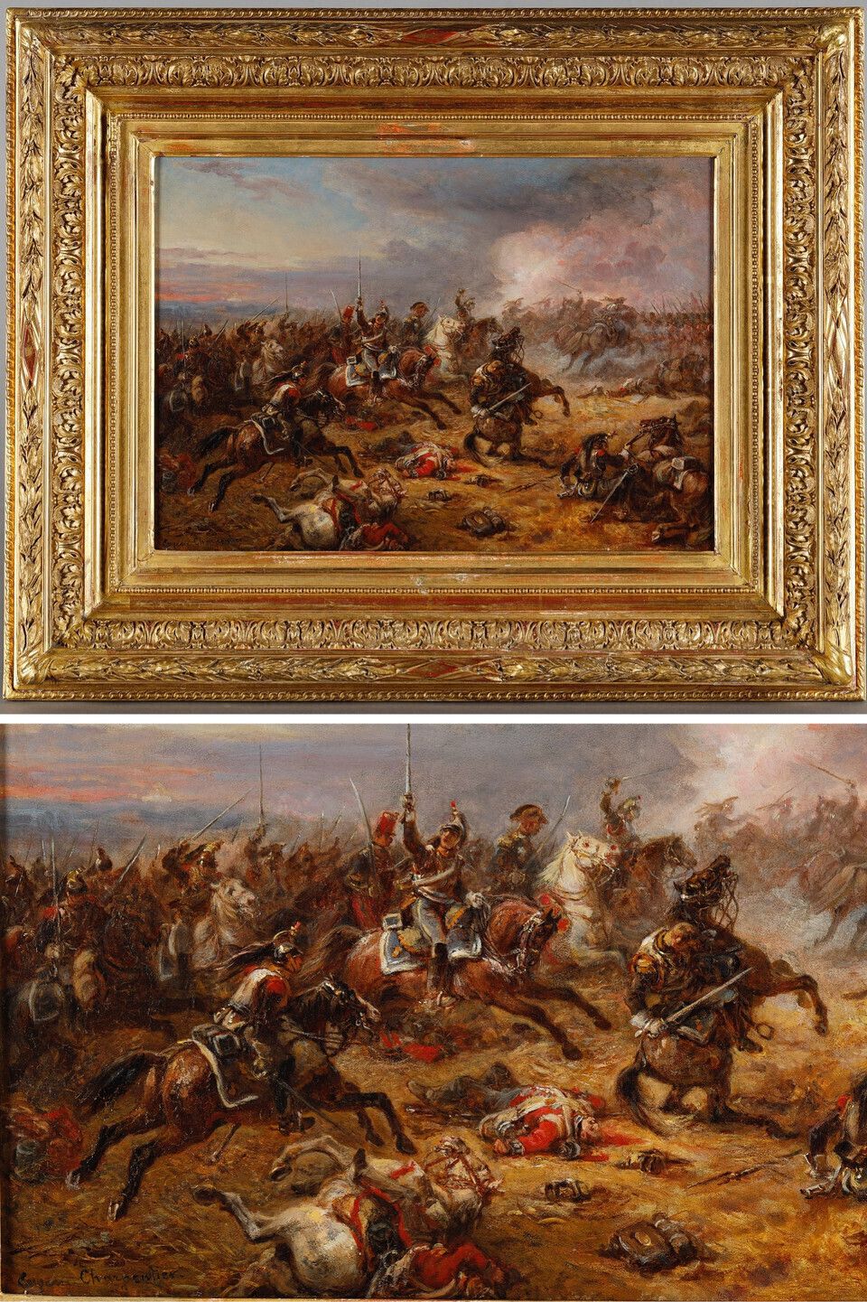 Painting Depicting French Cuirassiers At Waterloo, Signed Eugène Charpentier