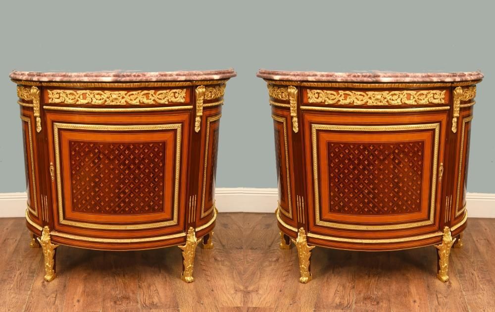 Pair French Empire Demi Lune Commodes Marquetry Cabinets Gilt