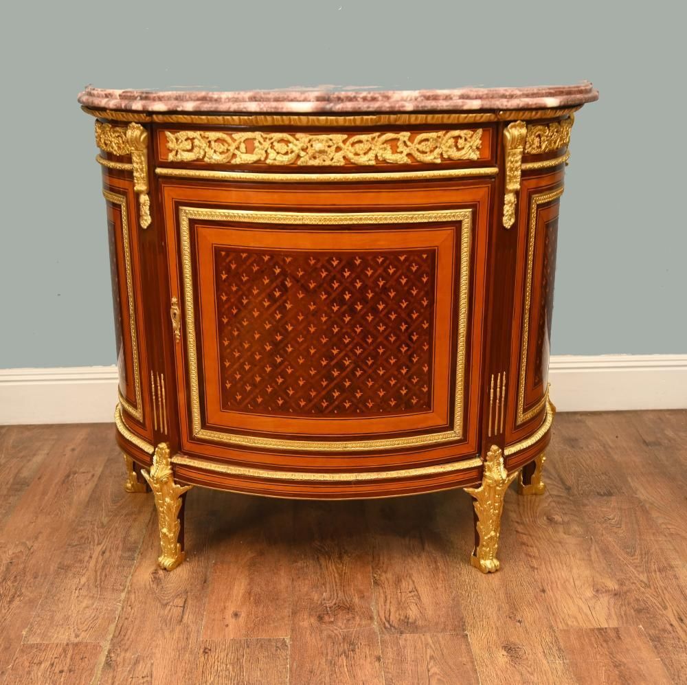 Pair French Empire Demi Lune Commodes Marquetry Cabinets Gilt photo furniture