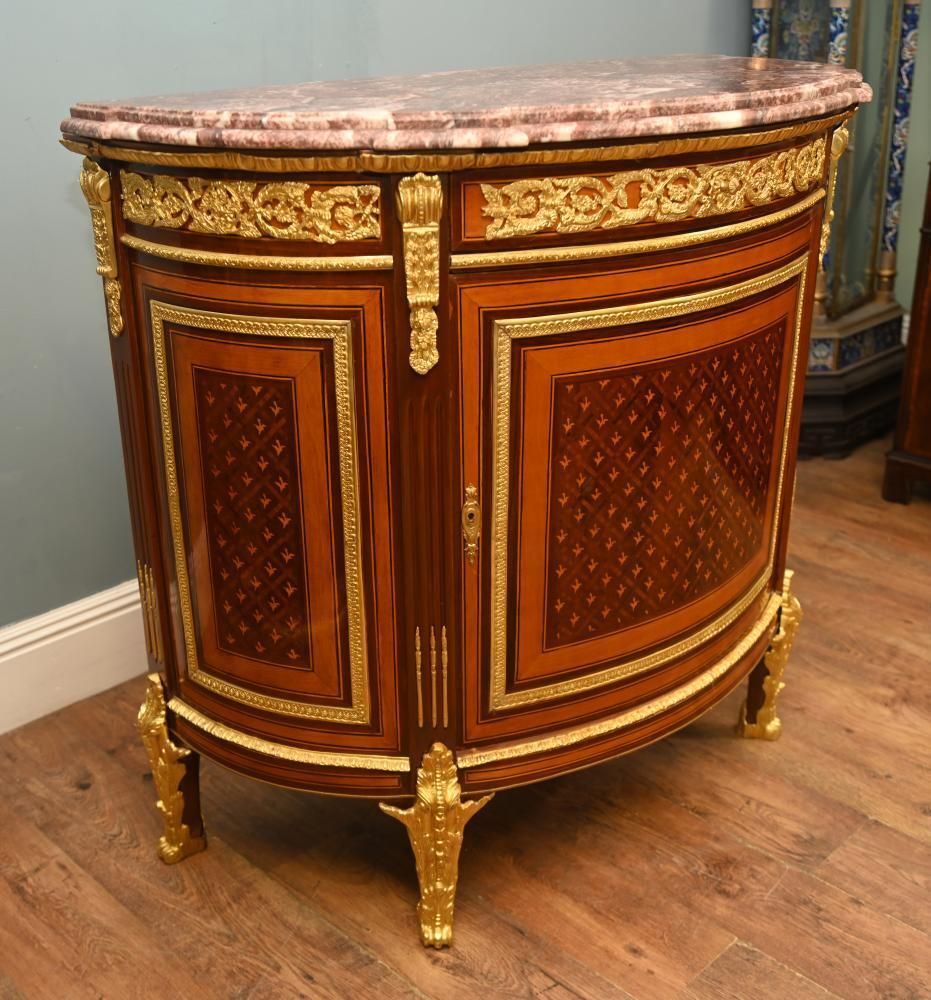 Pair French Empire Demi Lune Commodes Marquetry Cabinets Gilt photo vintage