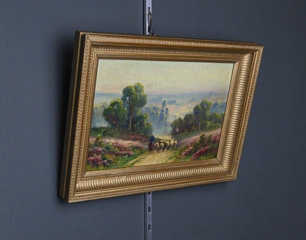 Painting "Shepherdess And Her Flock", Oil On Panel Signed G. Corbier – Early 20th Century photo for sale