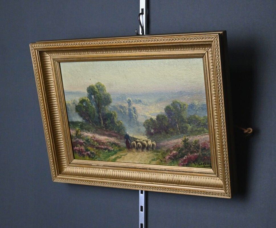 Painting "Shepherdess And Her Flock", Oil On Panel Signed G. Corbier – Early 20th Century photo Art