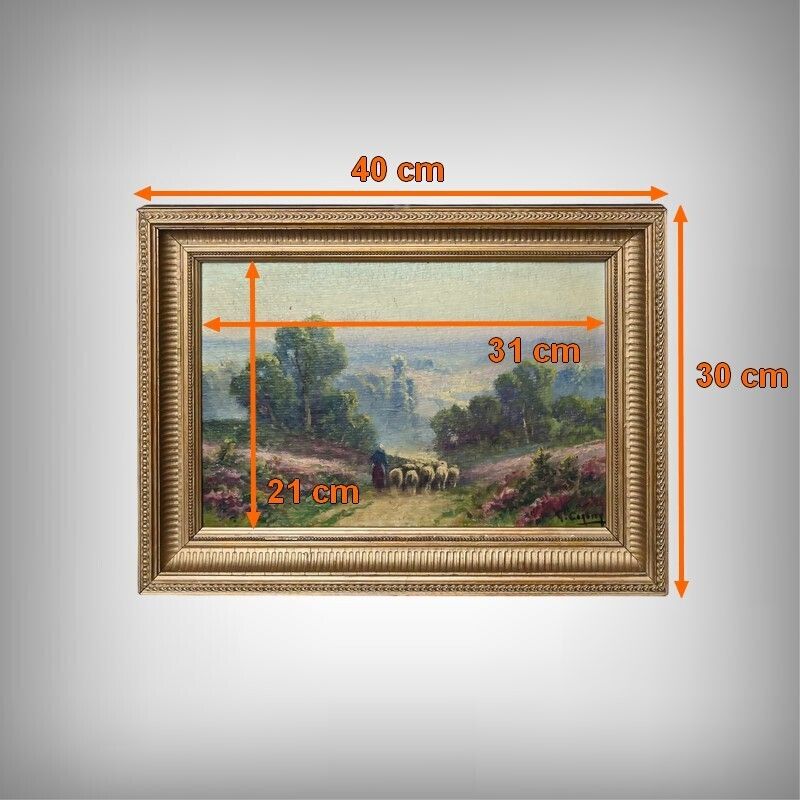 860.0 Painting "Shepherdess And Her Flock", Oil On Panel Signed G. Corbier – Early 20th Century photo