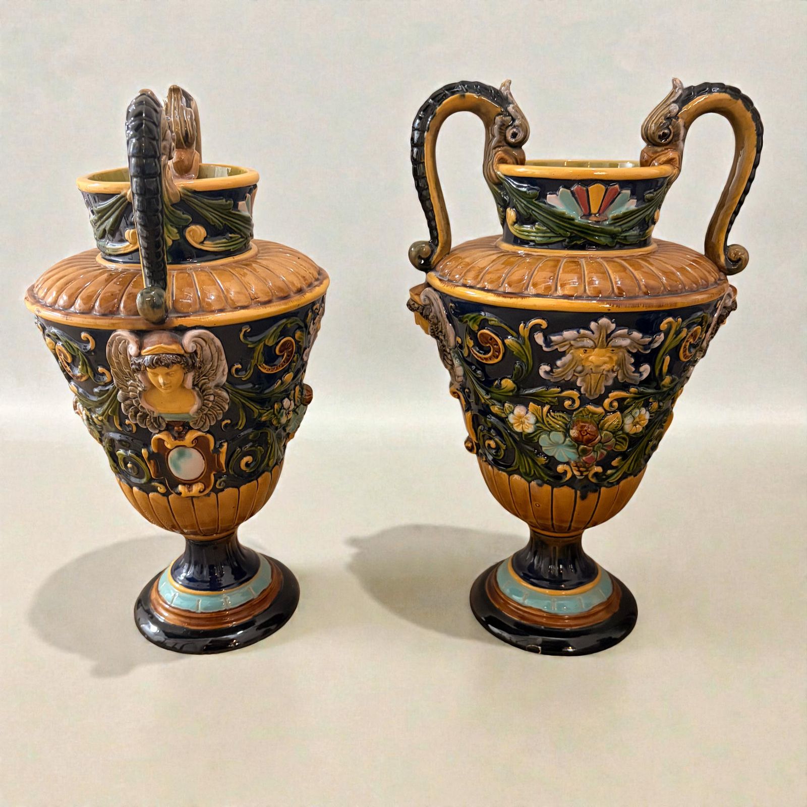 Pair Of 19th Century Victorian Renaissance Style Majolica Urns. photo furniture