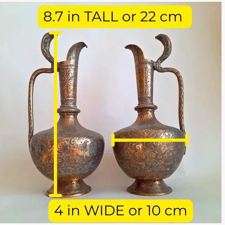 Antique Indian Brass Jugs With Engraved Animal And Foliate Decoration And Cobra Head's Handles 8.7'' Tall photo furniture