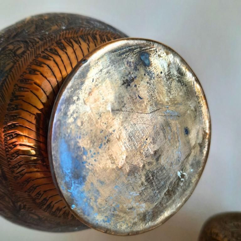 Antique Indian Brass Jugs With Engraved Animal And Foliate Decoration And Cobra Head's Handles 8.7'' Tall photo vinterior