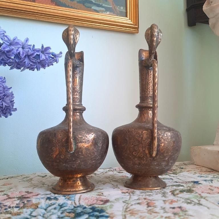 Antique Indian Brass Jugs With Engraved Animal And Foliate Decoration And Cobra Head's Handles 8.7'' Tall photo buy