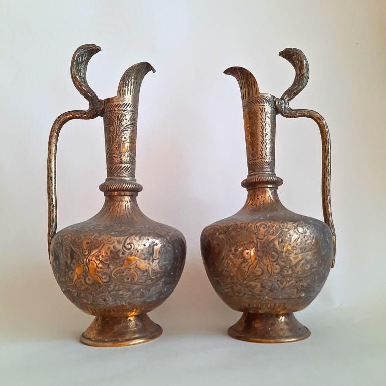 Antique Indian Brass Jugs With Engraved Animal And Foliate Decoration And Cobra Head's Handles 8.7'' Tall photo vintage