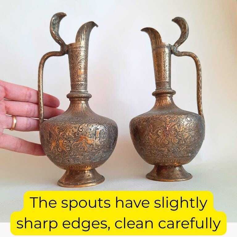 photo furniture Antique Indian Brass Jugs With Engraved Animal And Foliate Decoration And Cobra Head's Handles 8.7'' Tall