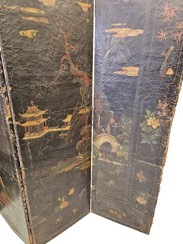 A Very Fine And Unusual 19th Century Country House Four Fold Oriental Screen With Hide Painted Panels photo 4350.0435