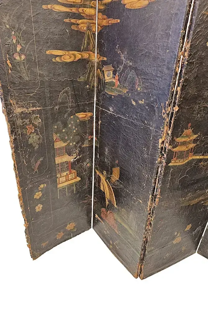 photo furniture A Very Fine And Unusual 19th Century Country House Four Fold Oriental Screen With Hide Painted Panels
