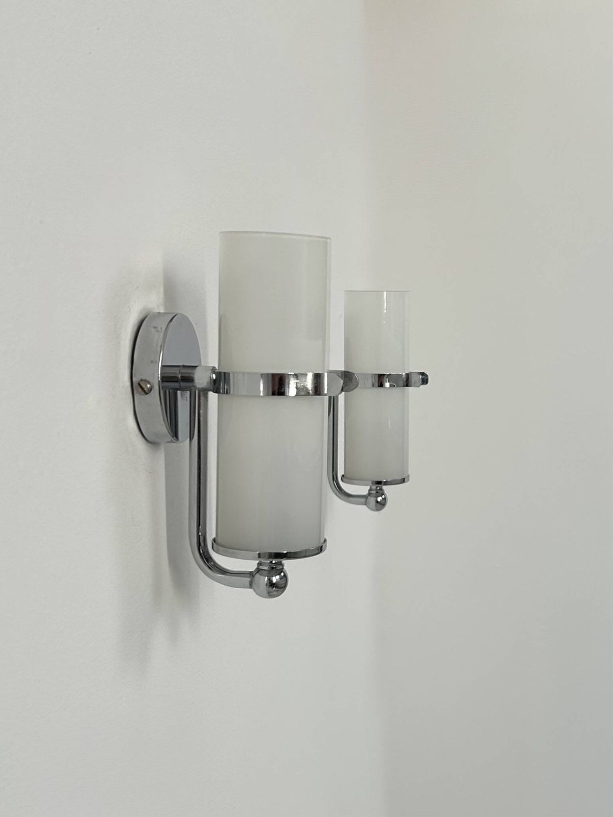 Pair Of Vintage Wall Lights, Chrome And Opaline Glass, France, 1970 photo furniture