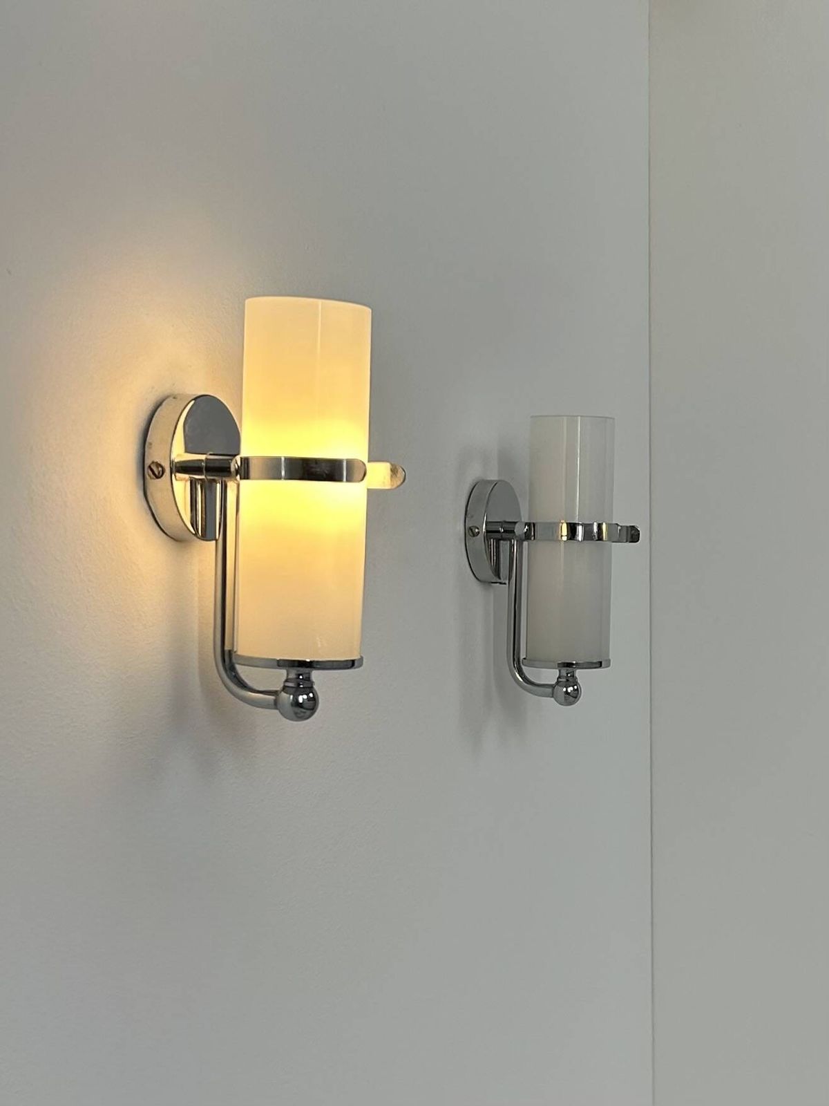 Pair Of Vintage Wall Lights, Chrome And Opaline Glass, France, 1970 photo for sale