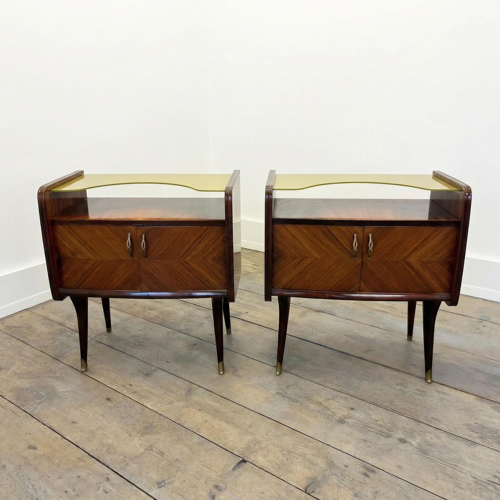 Pair Of Vintage Italian Art Deco Nightstands / 1950s Bedside Tables With Brass