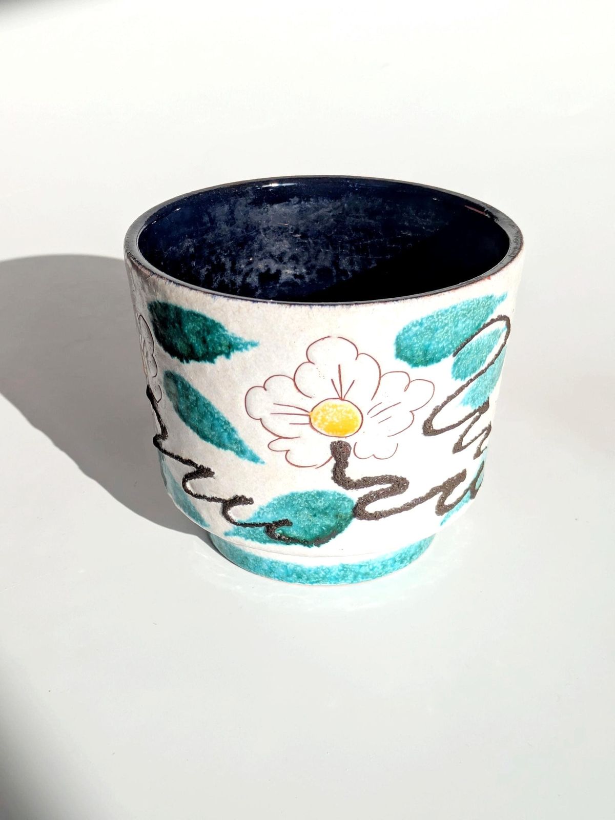 Midcentury West German Ceramic Planter, Floral Sgraffito Design Fat Lava Details, 1960s