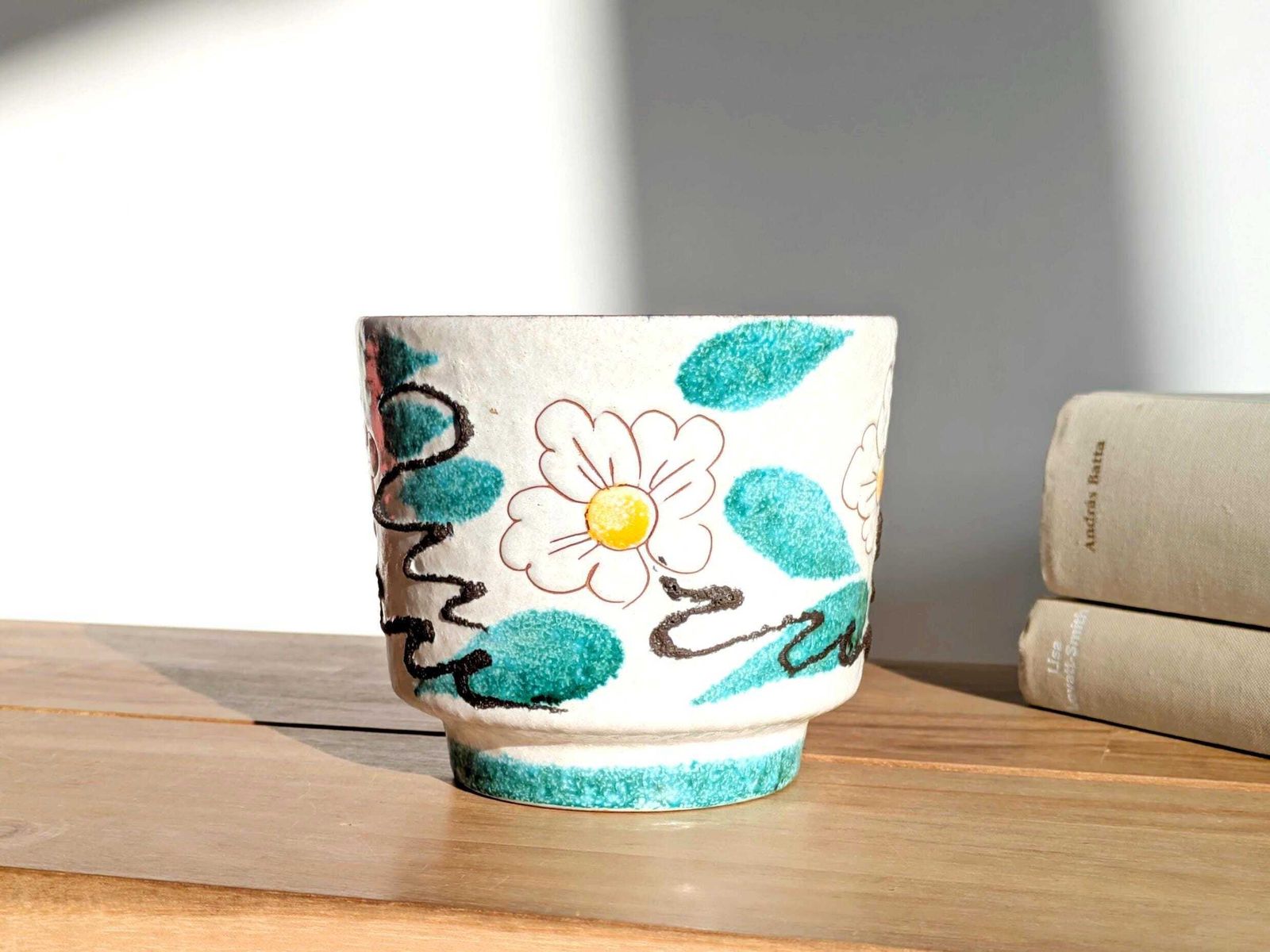 Midcentury West German Ceramic Planter, Floral Sgraffito Design Fat Lava Details, 1960s photo furniture