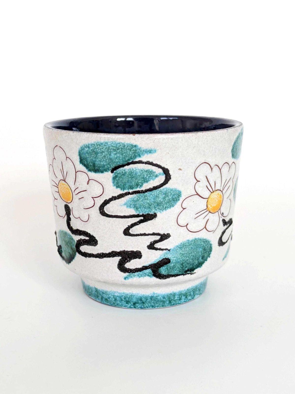 Midcentury West German Ceramic Planter, Floral Sgraffito Design Fat Lava Details, 1960s photo Home Decor