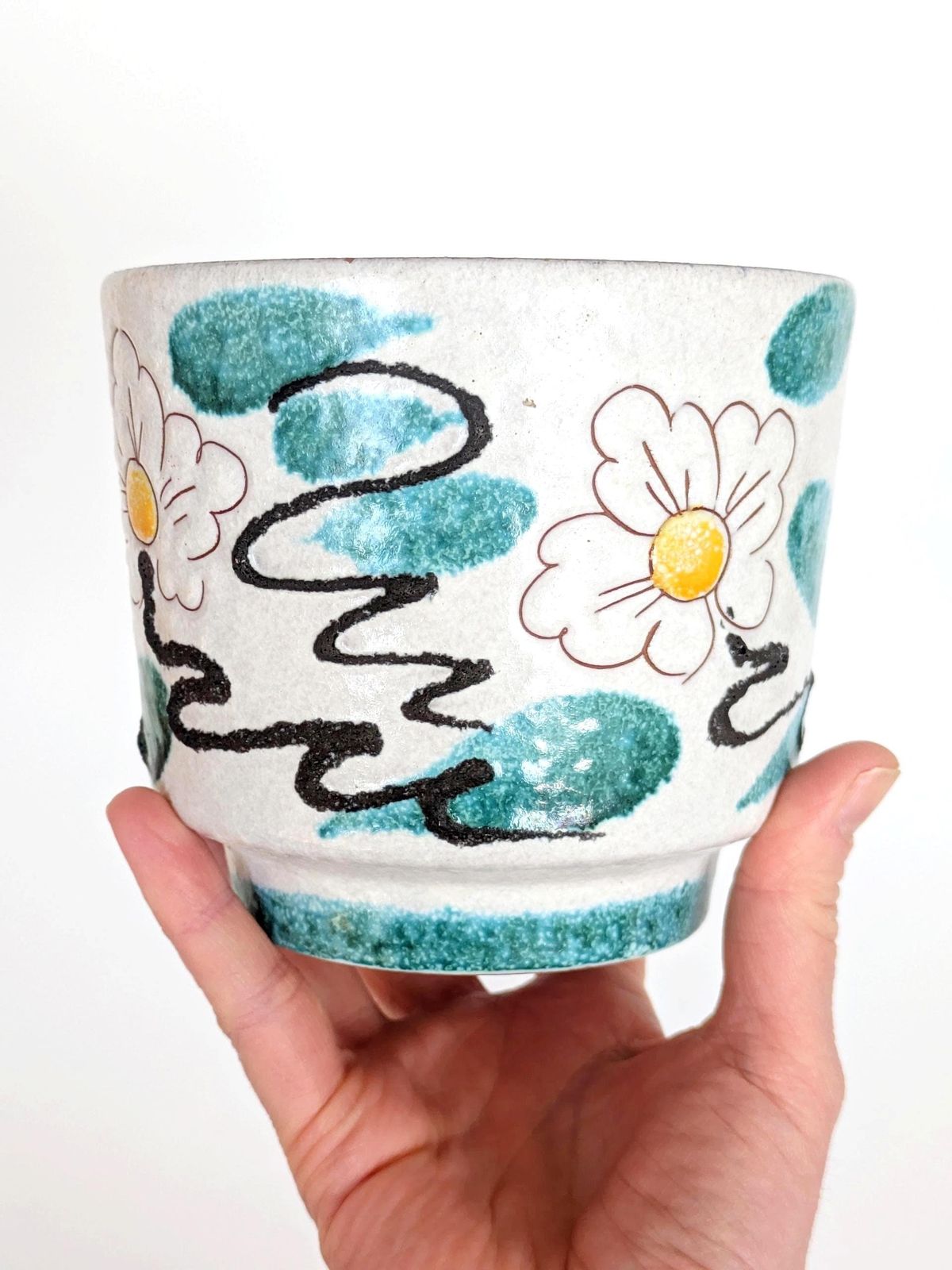 Midcentury West German Ceramic Planter, Floral Sgraffito Design Fat Lava Details, 1960s photo 90.0