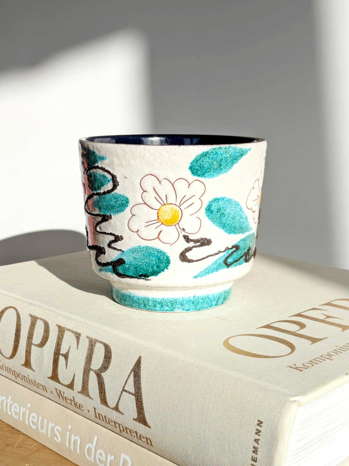 90.0 Midcentury West German Ceramic Planter, Floral Sgraffito Design Fat Lava Details, 1960s photo
