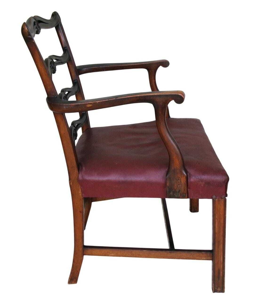 5 Late Georgian Mahogany Dining Chairs, Chippendale Style Ribbon Ladderback, Leather Seat, Inc Carver photo for sale