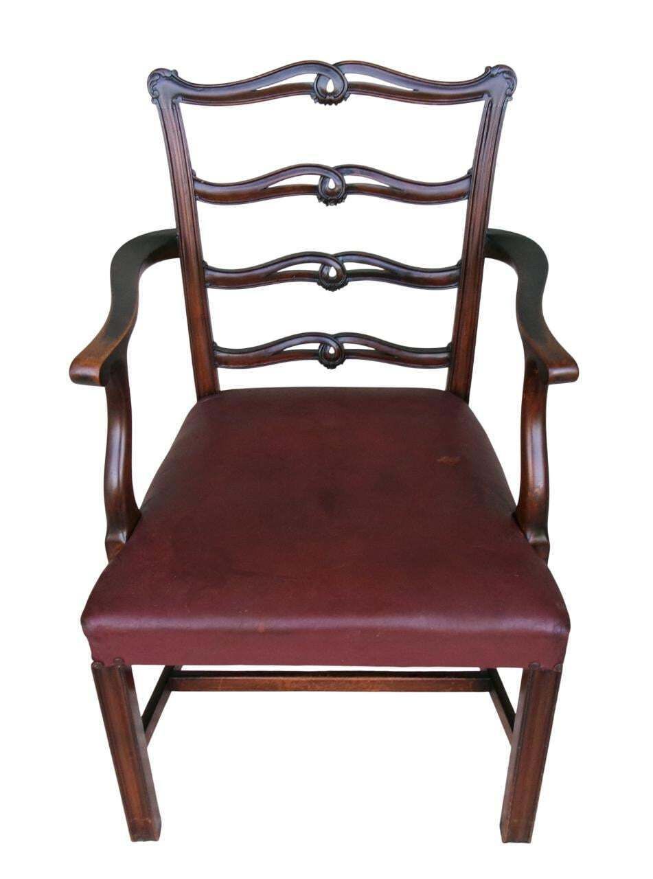 5 Late Georgian Mahogany Dining Chairs, Chippendale Style Ribbon Ladderback, Leather Seat, Inc Carver photo Furniture