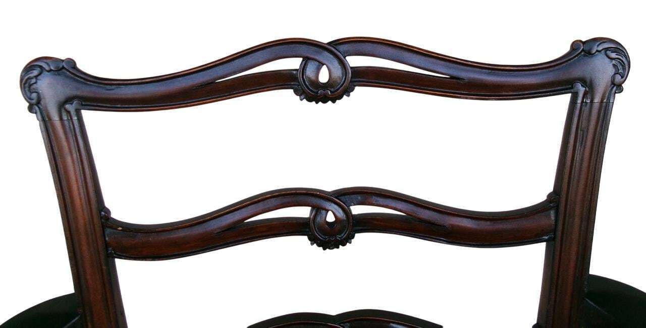 5 Late Georgian Mahogany Dining Chairs, Chippendale Style Ribbon Ladderback, Leather Seat, Inc Carver photo 340.0
