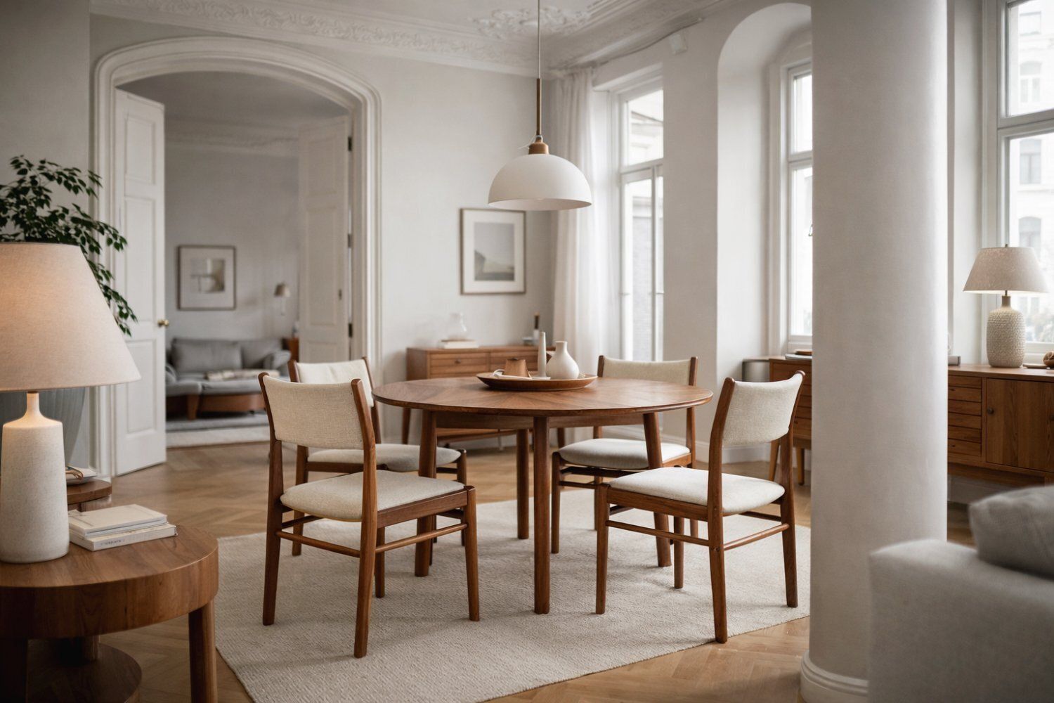 photo for sale Mid Century Modern Danish Teak And Beige Fabric Chairs, 1960s, Set Of 4