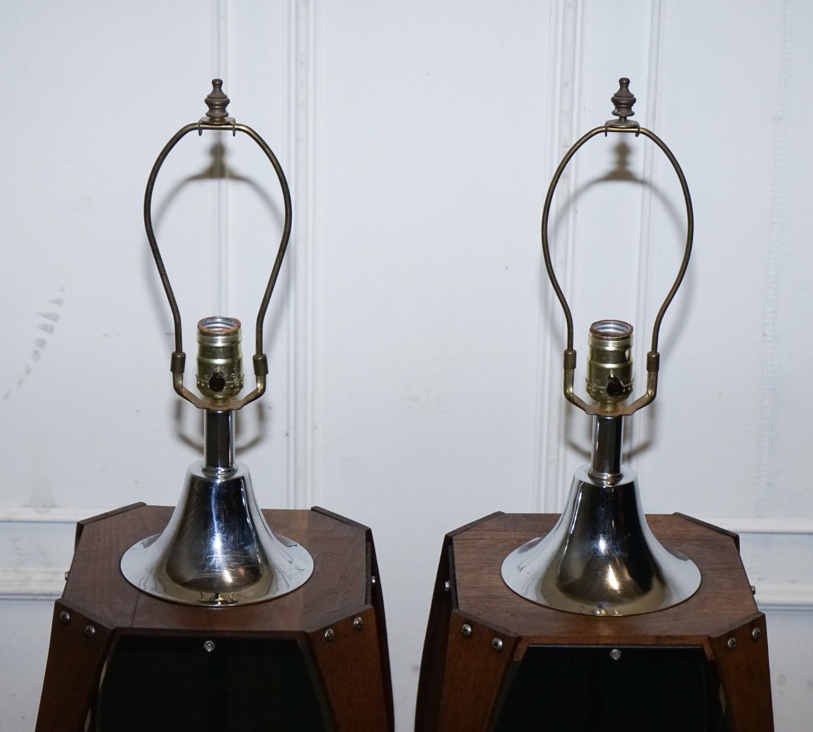 Pair Of Large Modern Danish Acrylic & Teak Mid Century Lamps photo Lighting
