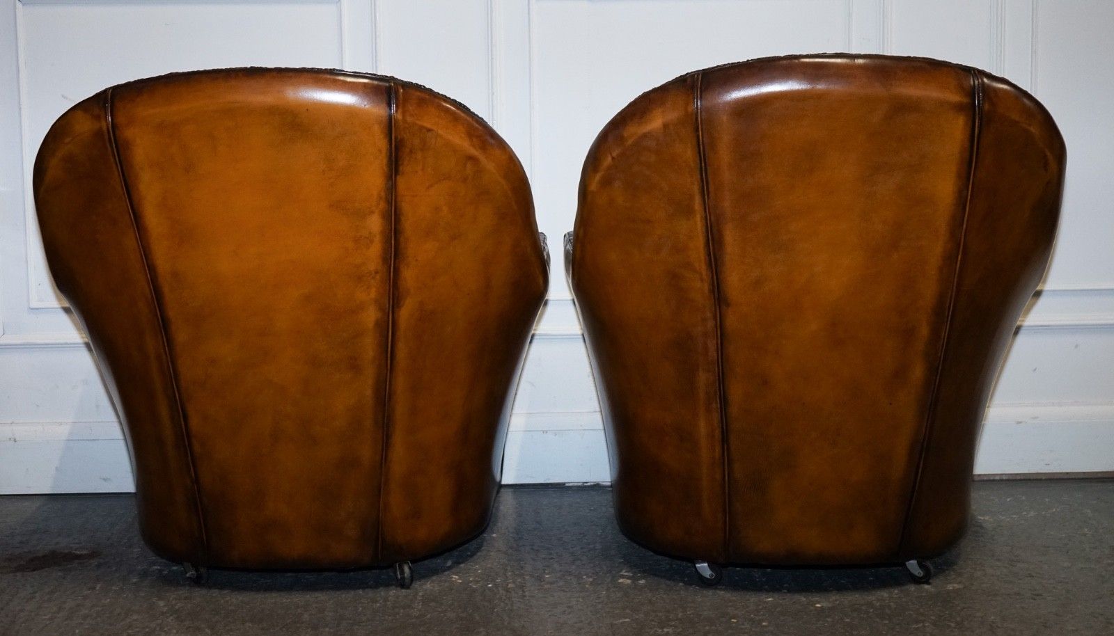 Rare Pair Of Brown Hand Dyed Leather Chesterfield Armchairs With Pleated Front photo vinterior