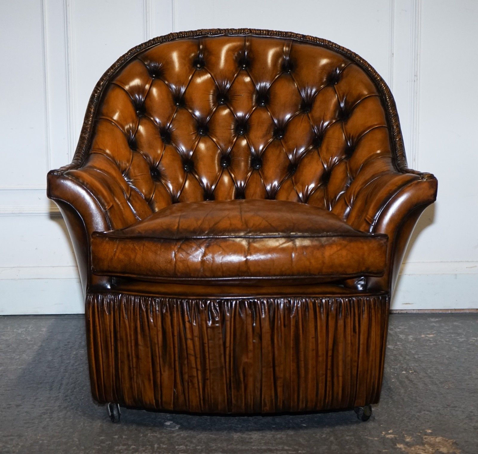 Rare Pair Of Brown Hand Dyed Leather Chesterfield Armchairs With Pleated Front photo vintage