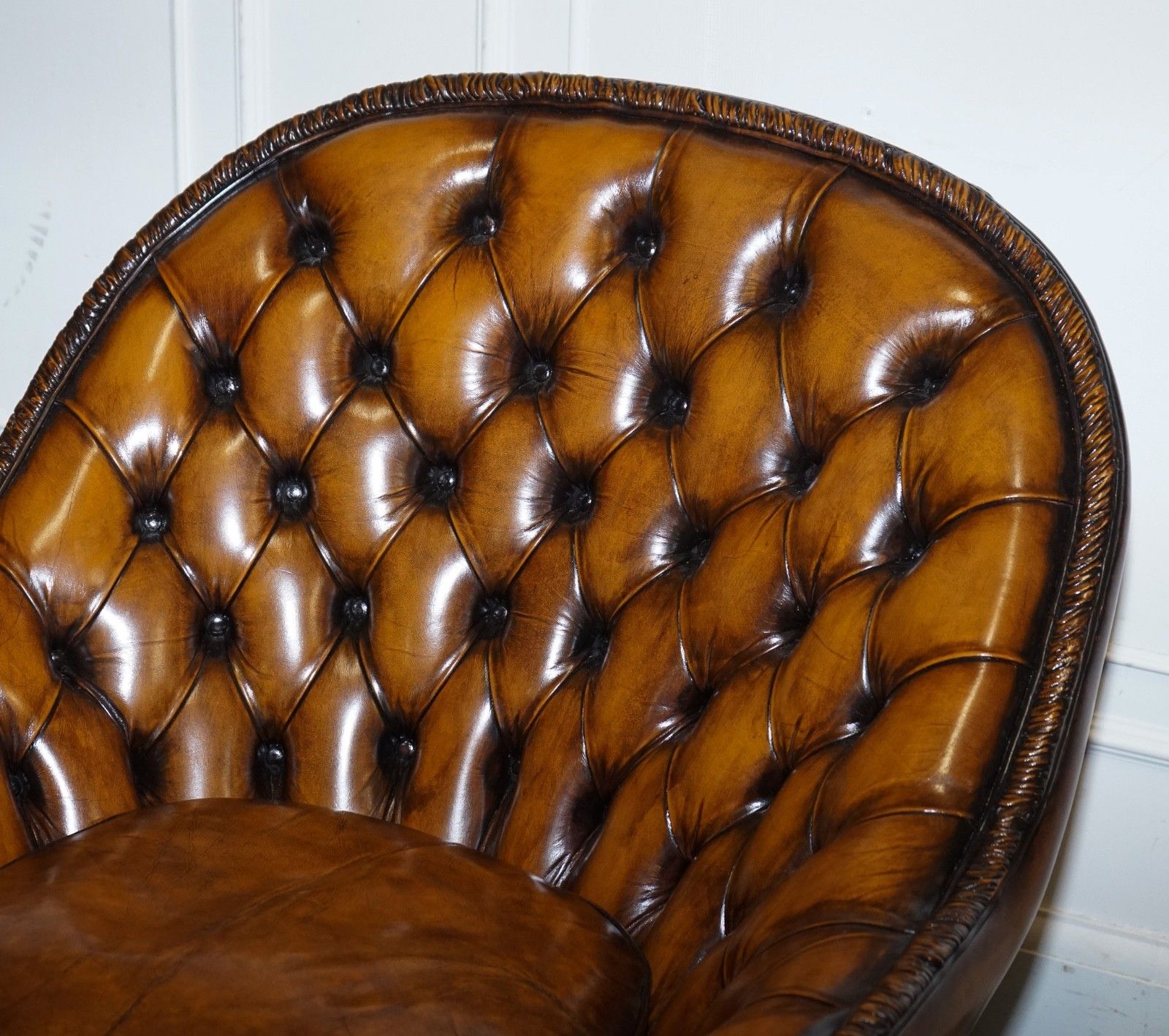photo furniture Rare Pair Of Brown Hand Dyed Leather Chesterfield Armchairs With Pleated Front