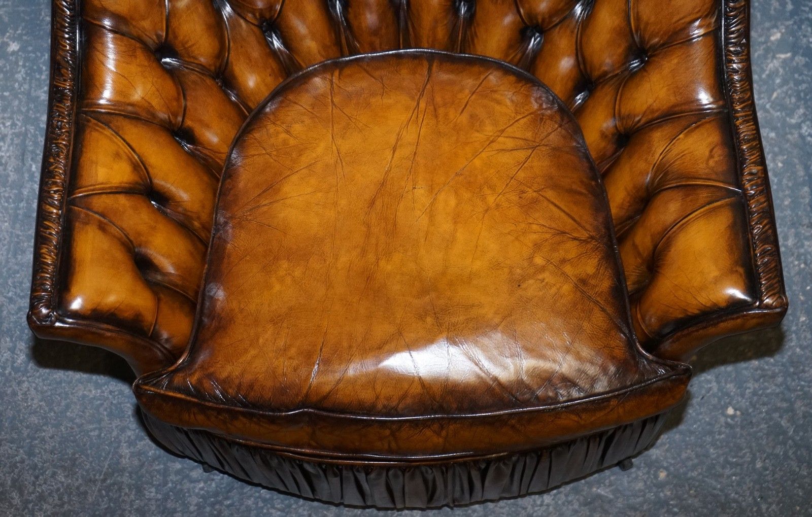 photo buy Rare Pair Of Brown Hand Dyed Leather Chesterfield Armchairs With Pleated Front